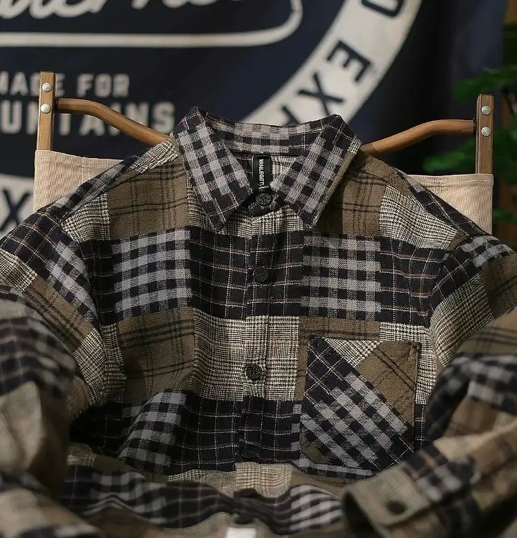 

Vintage color clashing plaid shirt casual loose brushed long sleeve shirt