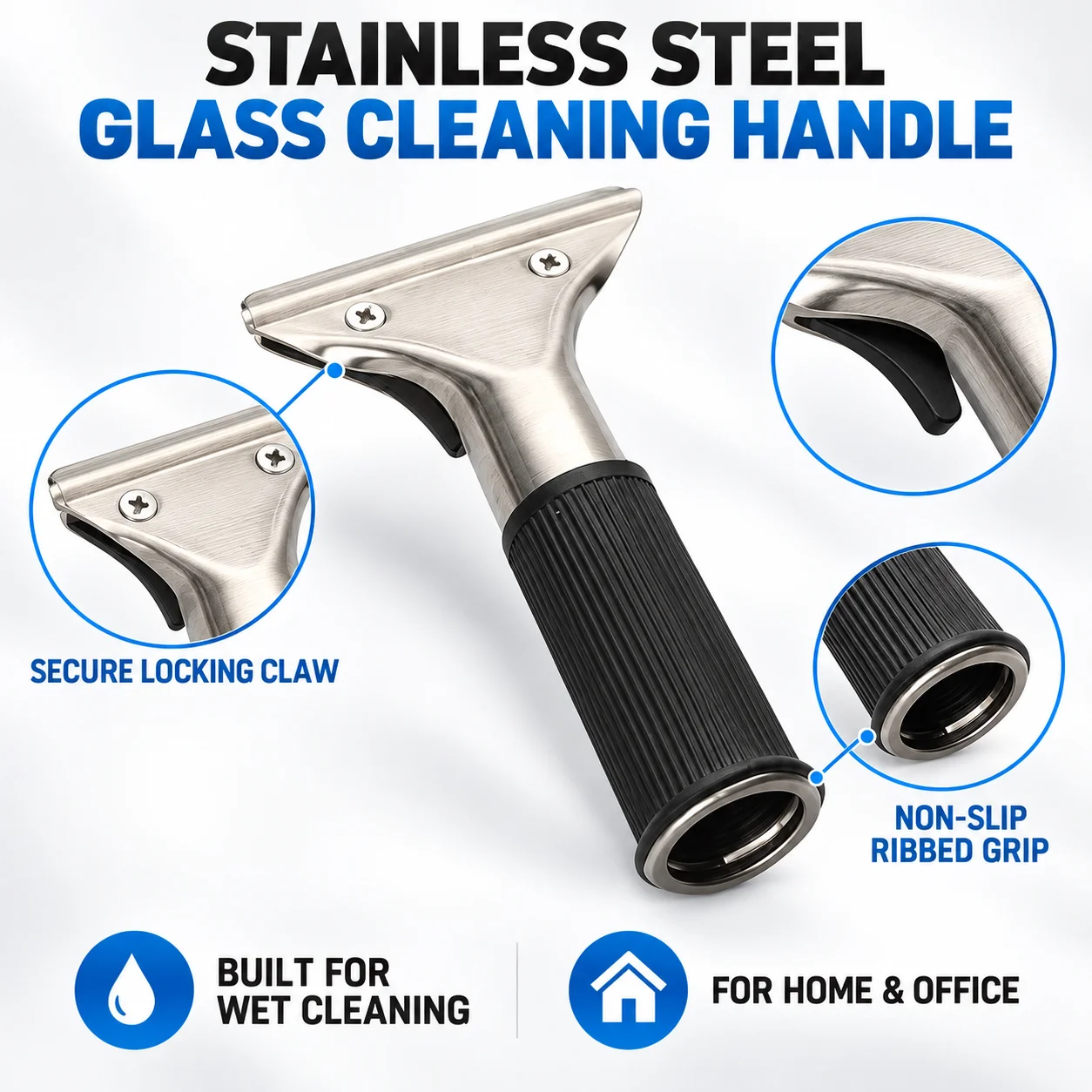 Stainless Steel Glass Scraper with Locking Claw Handle - Waterproof Window Cleaner Tool for Home Office Cleaning