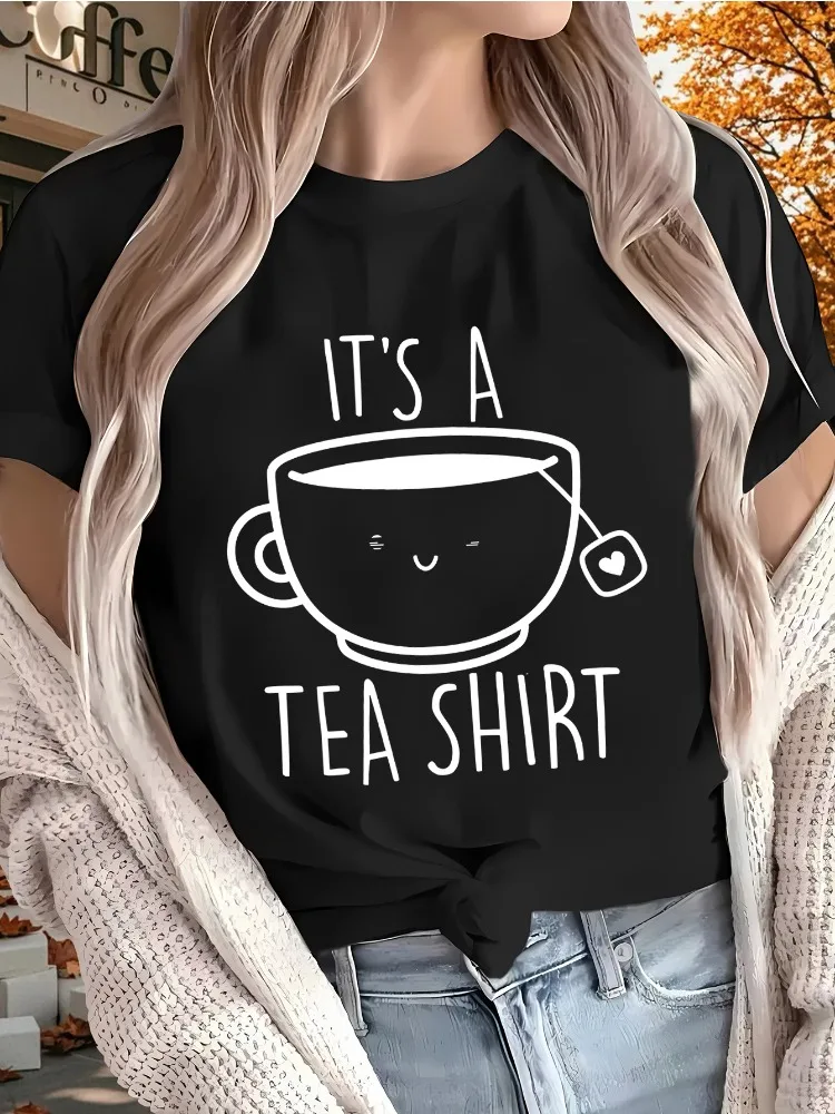 Women's Cute Cartoon Teacup and Slogan Print T-Shirt Round Neck Short Sleeve Lightweight Casual Wear Home & Sports Apparel