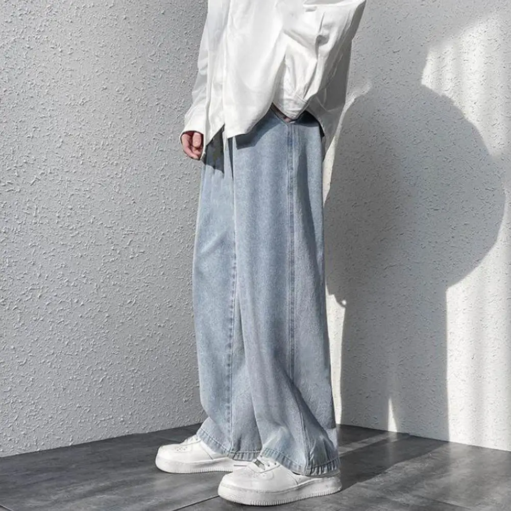 Korean Men's Casual Long Jeans  Loose Retro Straight Baggy Pants Denim Wide-leg Pants Light Blue Grey Black Retro Washed Jeans