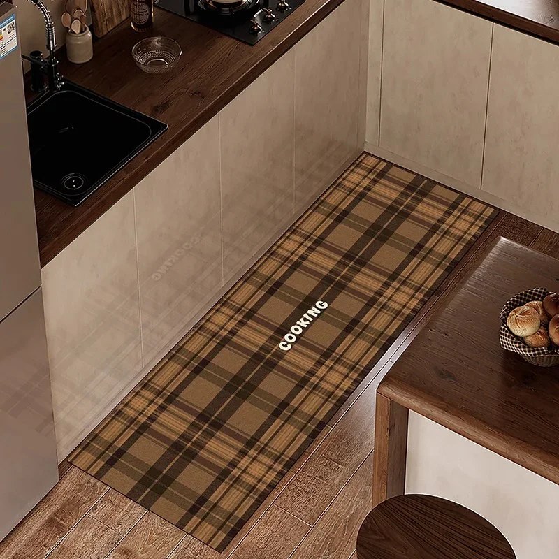 American Retro Kitchen Mat for Floor Non-slip Oil-proof Waterproof PVC Leather Washable Rugs Checkerboard Plaid Kitchen Carpets