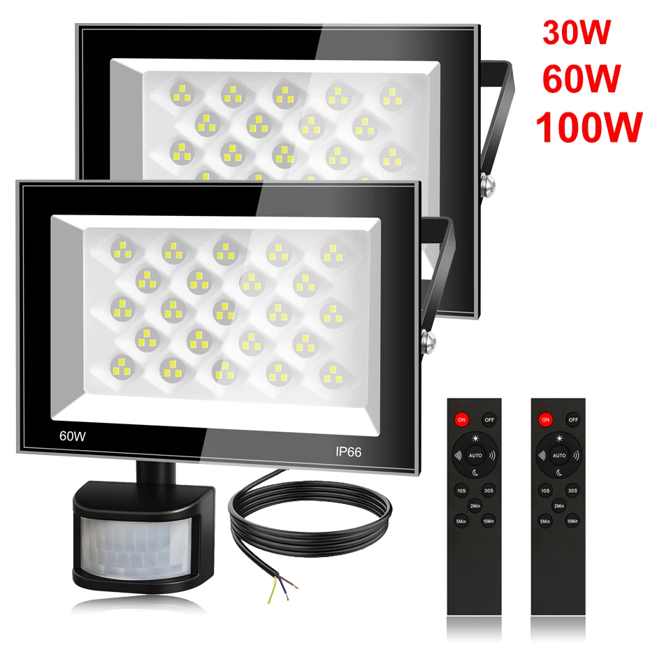 

2 шт. светодиодных прожекторов с датчиком движения PIR, AC220V, 30W/60W/100W, IP66, водонепроницаемые, 6500K, холодный белый свет, для наружного освещения стен