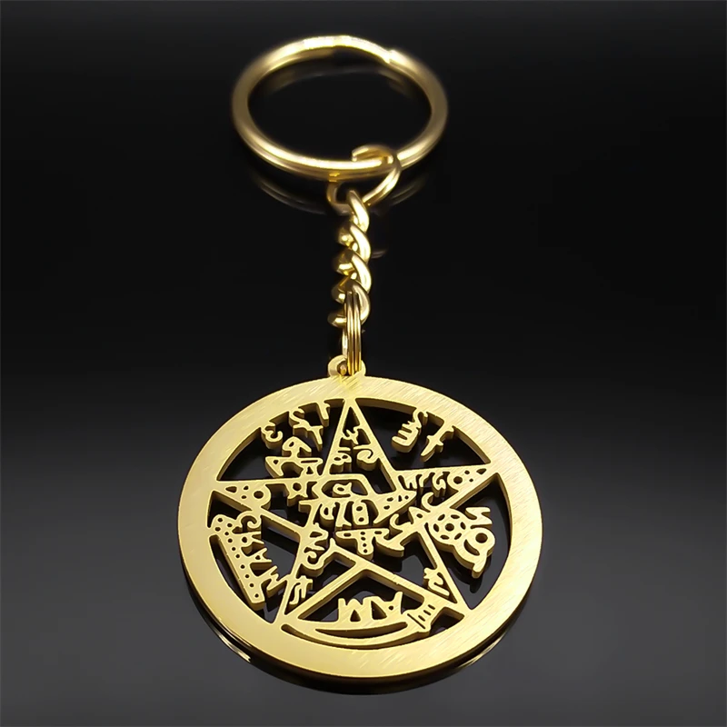 Witchcraft Jewish Tetragrammaton Hebrew Pentagram Keychain Women Men Stainless Steel Gold Color Key Ring Jewelry Gift K54S03