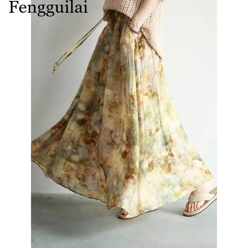 2026Summer New Literary Forest Style Plant Print Flared Midi Skirt