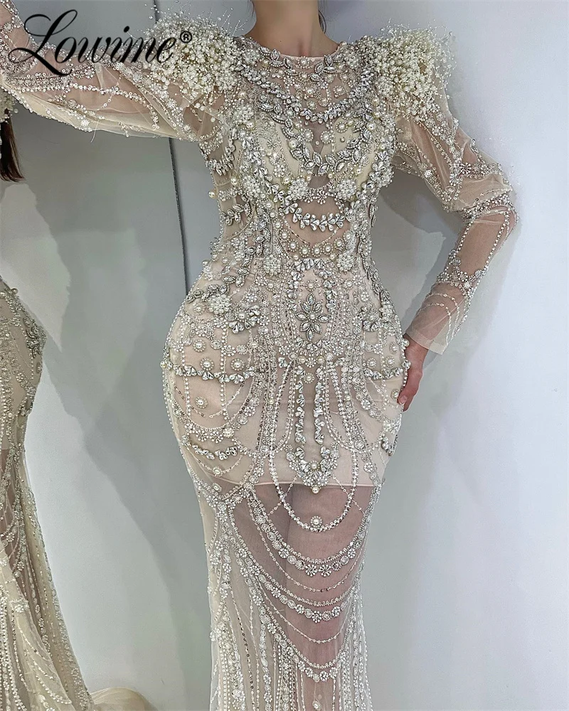

Robe De Soirée Long Sleeve Beading Prom Dresses Elegant Arabic Mermaid Bespoke Occasion Dress Pearls Crystal Evening Party Gowns