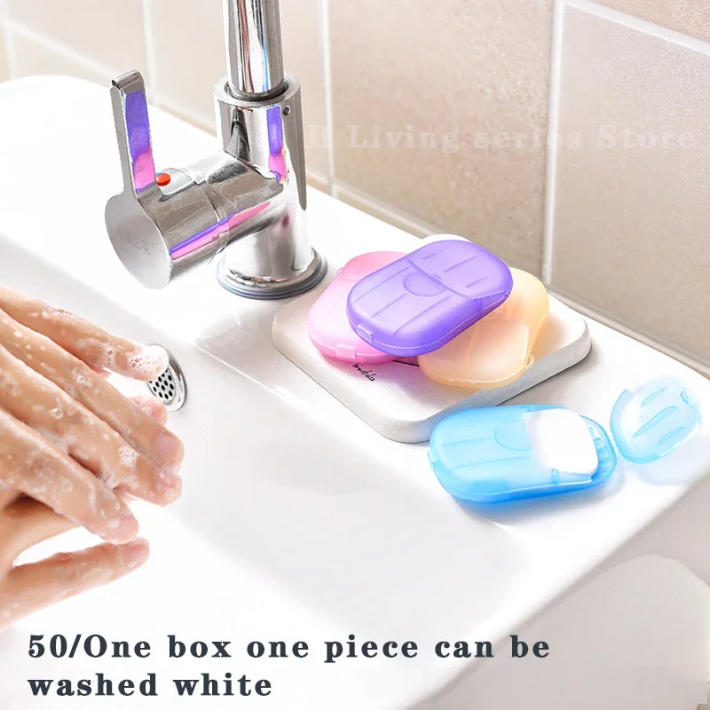 50pcs/1box Portable Bathroom Soap Slices Bath Hand Washing Slice Sheets Outdoor Travel Scented Foaming Soap Paper Soap Tablets