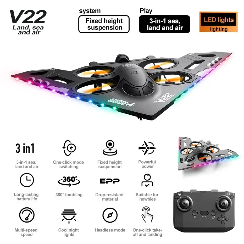 V22 RC Aircraft Water Land Air Three in One Plane Model Glider Toy Capable Aerial  with Drone Birthday presents for boys girls