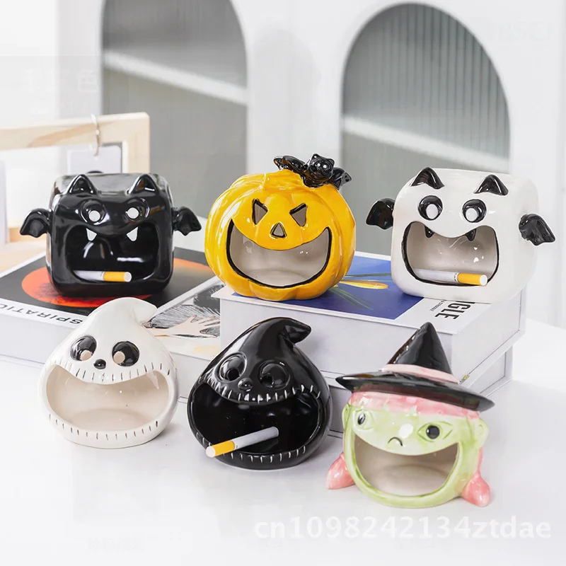 

Homeside Ghost Kid Ceramic Ashtray Creative Cute Halloween Candle Holder Pumpkin Straw Hat Bat Shapes Non-Disposable Storage