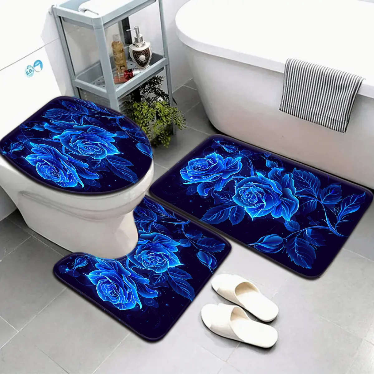 

3pcs Blue Rose Bathroom Rug Set Non-Slip U-Shaped Mat and Toilet Lid Cover Flower Pattern Washable Indoor Floor Mats