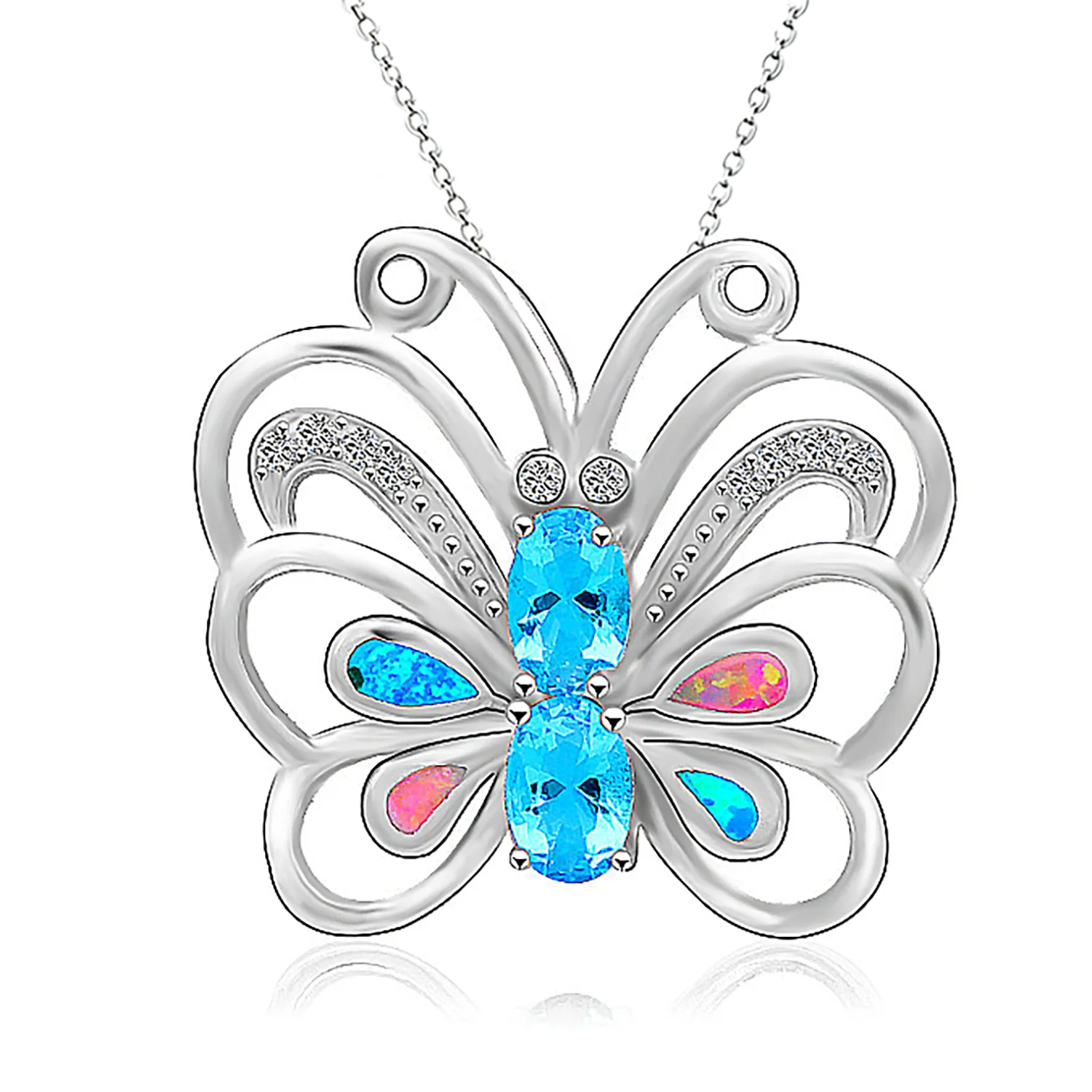 Dainty Butterfly Pendant Necklace,Pink Blue Opal CZ and Wings,Adjustable 18