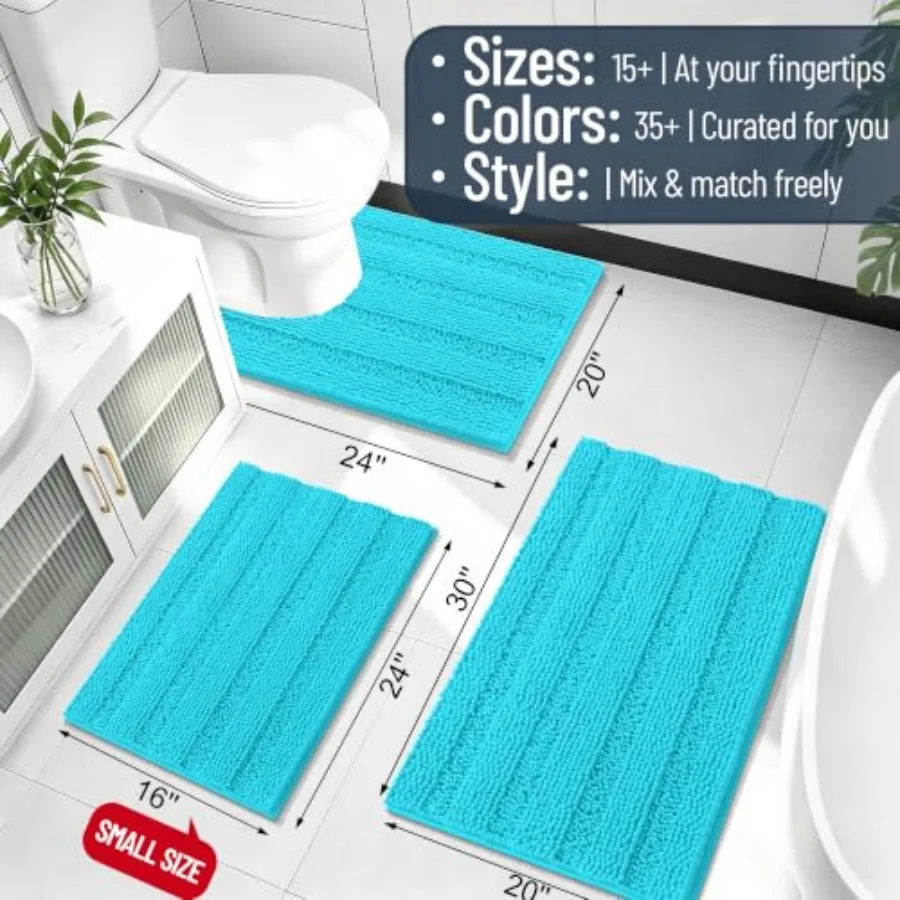 Thick Small Chenille Bathroom Rugs 24x16, Soft Bath Mat, Quick‑Dry and Machine Washable, Non‑Slip Bath Carpet, Striped Bath Rug