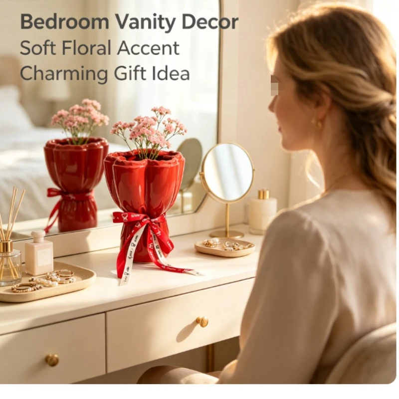 Red Ceramic Tulip Shaped Flower Vase With Glossy Finish And Ribbon Decoration For Living Room Table Centerpiece Decor