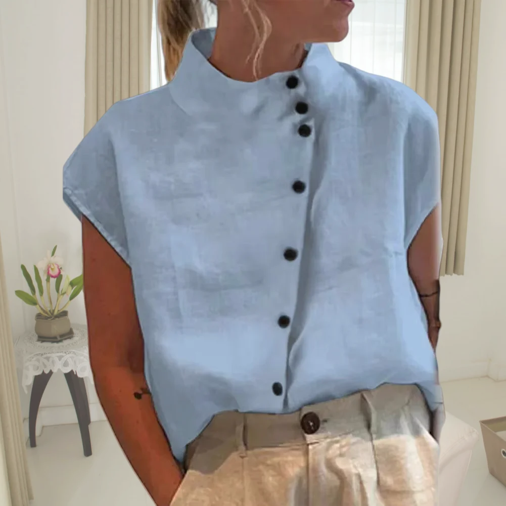 ผู้หญิงเสื้อ 2025 คอRaglanแขนสั้นปุ่มแนวทแยงกระเป๋าที่กระโปรงผู้หญิงบางฤดูร้อนสีทึบหลวมTee Topเสื้อลําลอง