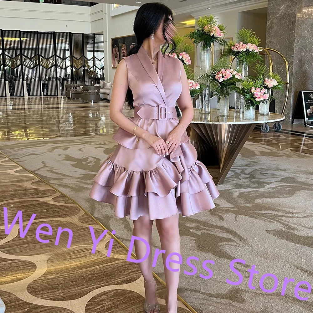CustomizedV Neck Tiered A-Line pleats Sashes Evening Dress Modern Above Knee Length Satin Sleeveless Party Gowns for special occ