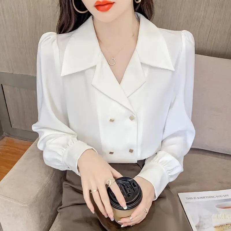 2022 New Spring Summer Double Breasted Puff Sleeve Professional Shirt Vintage French Style Blouse Turn Down Collar Casual Shirt