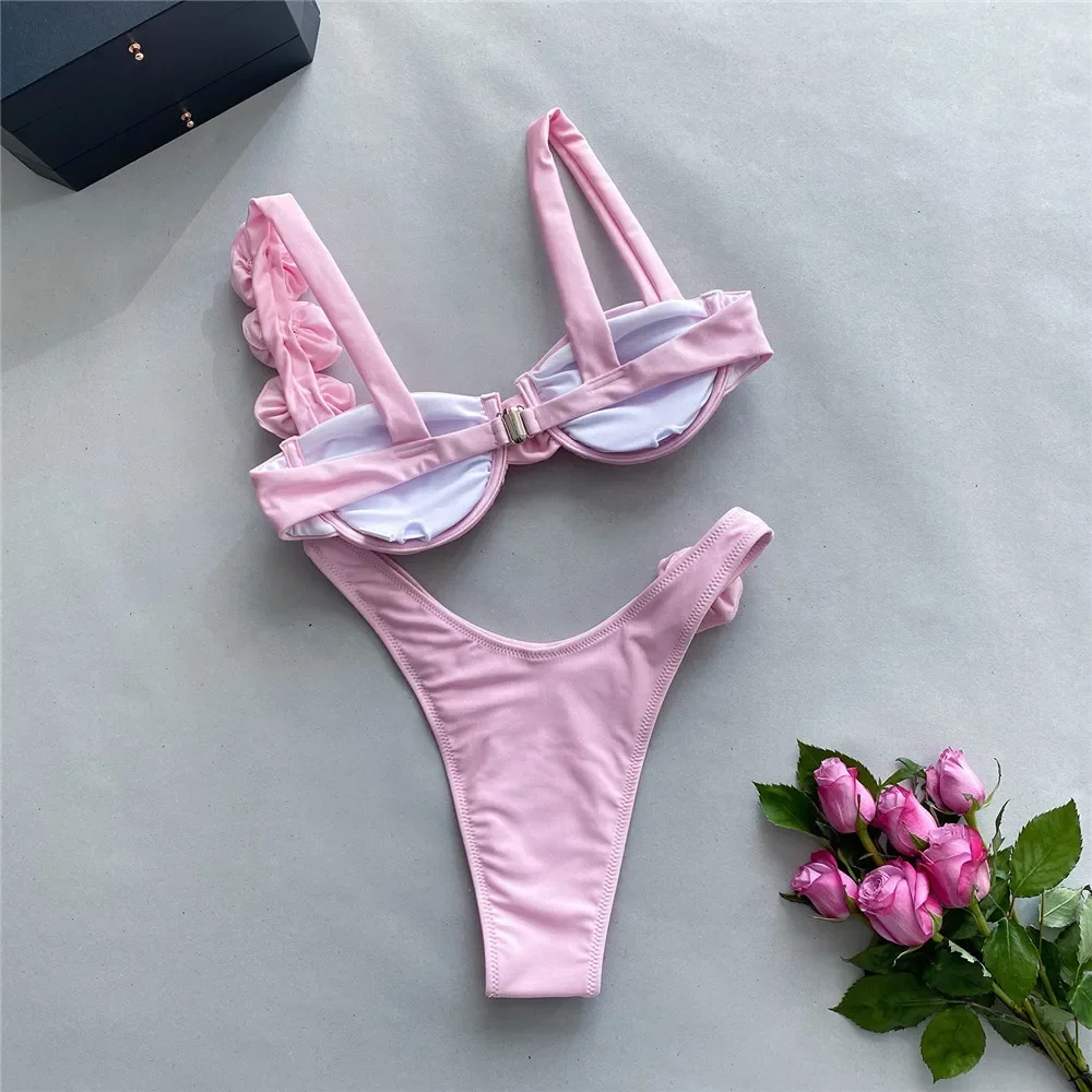 Sexy Flower Shiny Pink Push Up Bikini 2024 Women Swimwear Underwired Swimsuit High Cut Bathing Suit Wrinkled Bikinis Set Biquini