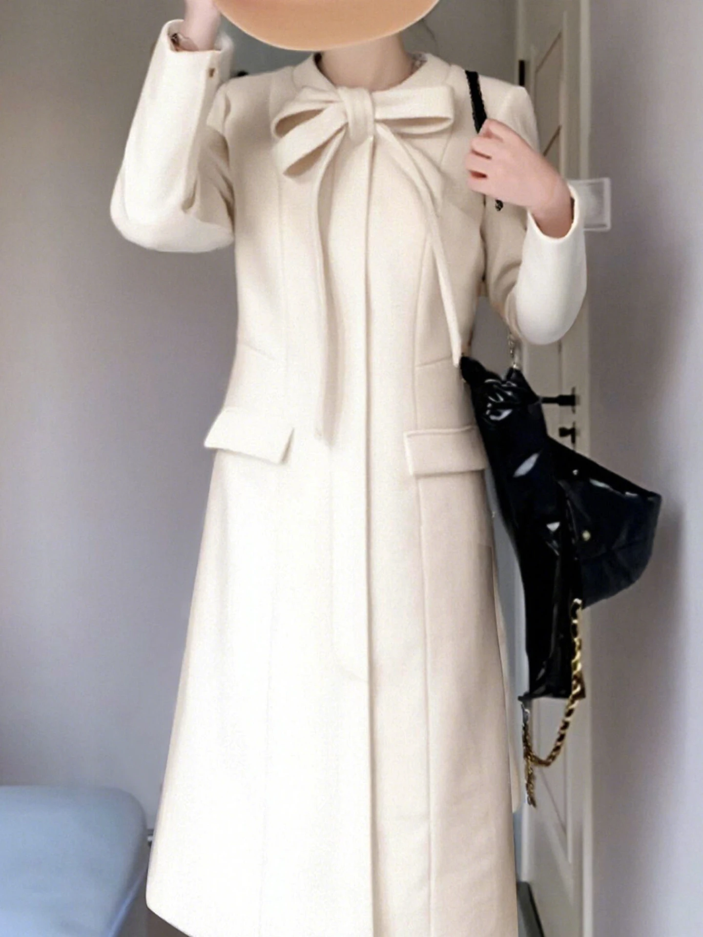 Warm Woolen Coat with Inner  And Sa Winter 2025 New Sle Hepburn Sle Double Breasted Long Sve Midi Dr Coat