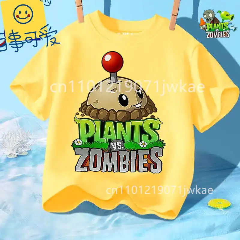 Fashion Street Style 3-12Y Summer Crew Neck T Shirt for Boys Girls Casual Daily Wear Plants Vs Zombies Cute Kawaii Cartoon