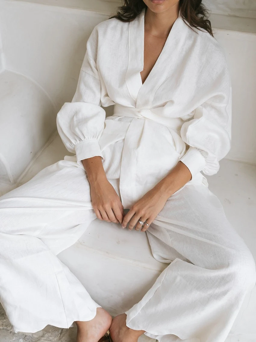 Marthaqiqi Casual Women Pajamas Set Lace Up Sleepwear Long Sleeve Nightgowns Sexy V-Neck Robe Pants Loose Ladies Nightwear Suits