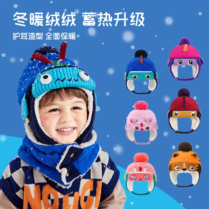 

2025 New Baby Hats - Cute 3D Kids Thicker Fleece Warm Ear Protection Baby Lei Feng Hats New Year Tiger Head Hats Scarf