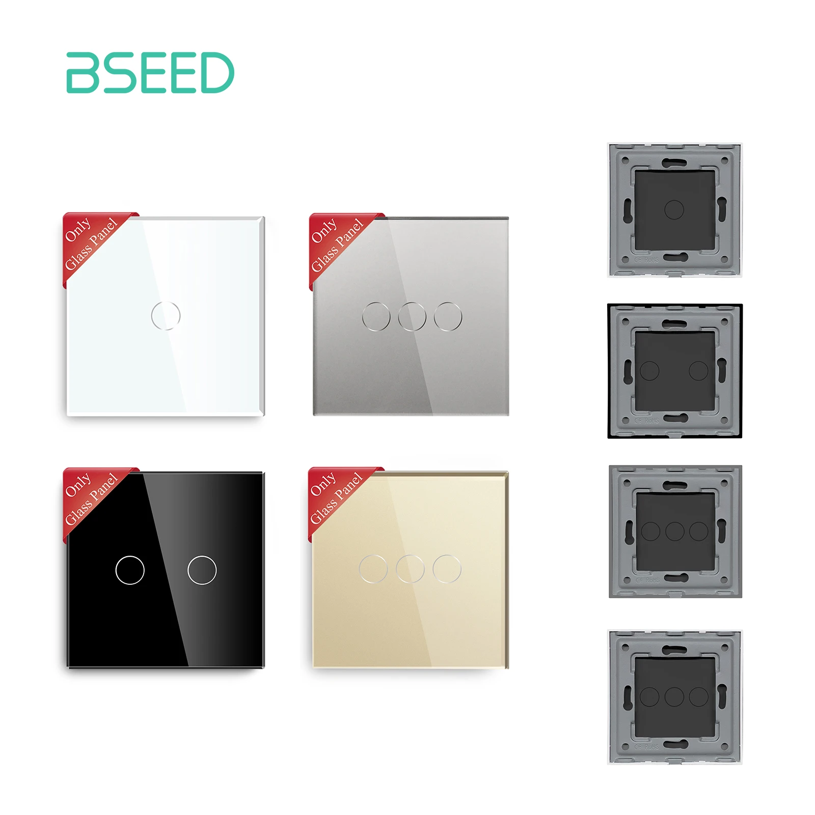 BSEED EU Standard 86mm Pearl Crystal Glass Single Panel With Metal Frame White Black Glod Grey Color Wall Touch Switch DIY Part