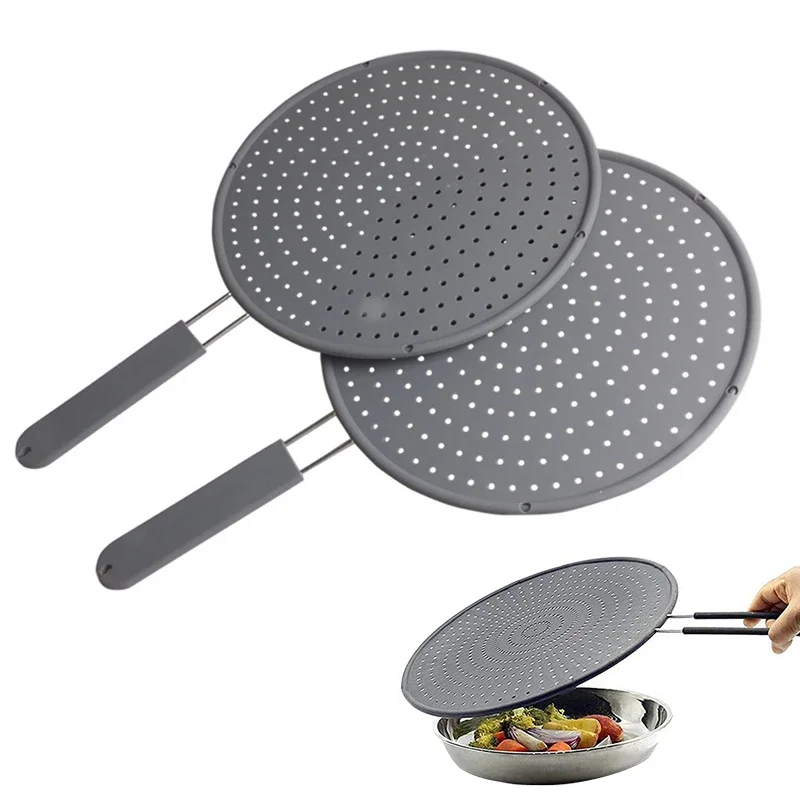 Silicone kitchen splatter screen with handle heat-resisting oil splash guard drain board cover kitchen frying pan lid