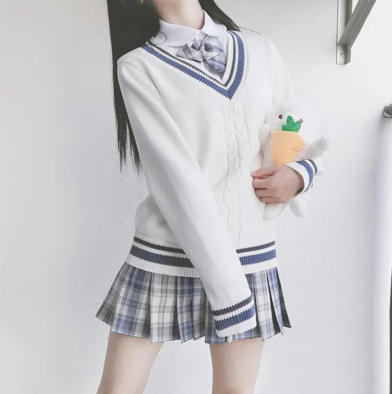 Korean Fashion School Sweaters Spring Autumn Uniform Vest Girls Japanese College V-Neck Jk Uniform Cardigan Cosplay Robe Femme