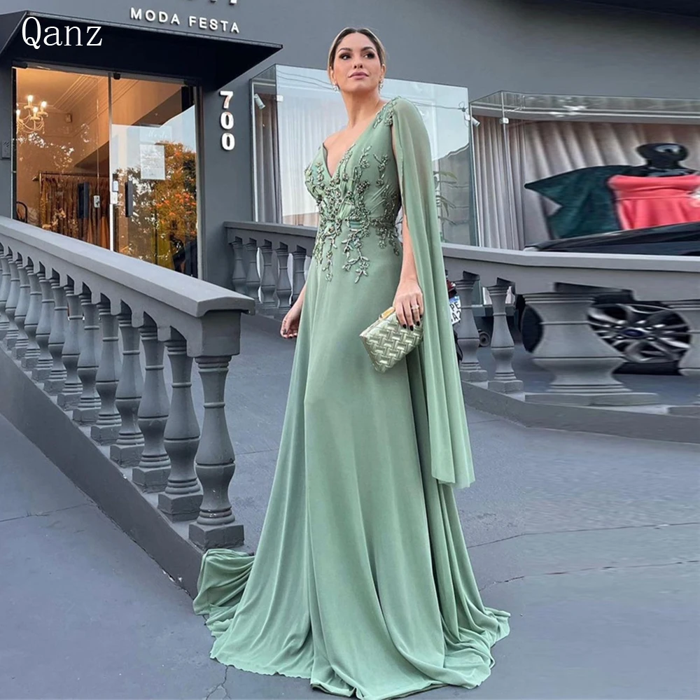 Qanz Arabic Green Dubai Evening Dresses Cape Sleeves Elegant Women Wedding Party Dresses Sukienki Na Studniówkę Customized