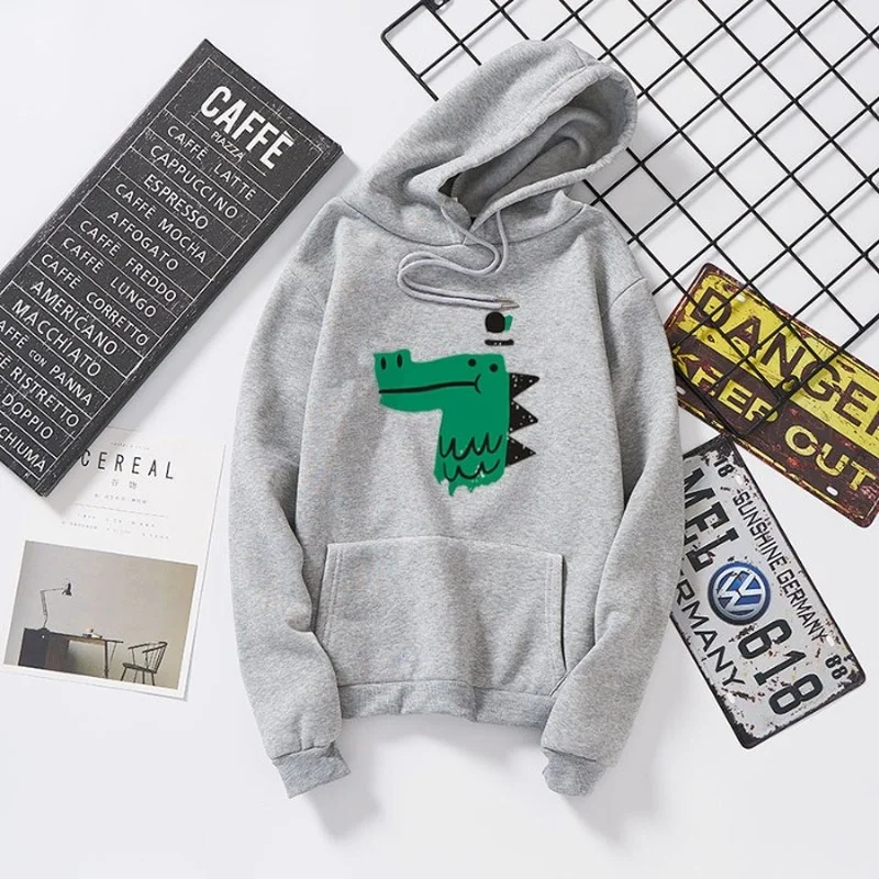 Cute Kawaii Green Crocodile Print Hoodies Sweatshirts Harajuku 2024 Women Simple Loose Casual Pullover Couple Clothes Streetwear