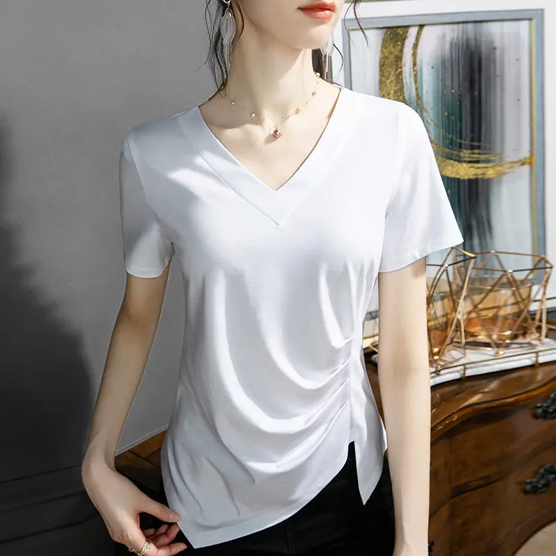 Stylish V-Neck Solid Color All-match Folds Irregular Blouse Women\'s Clothing 2023 Summer New Casual Pullovers Asymmetrical Shirt