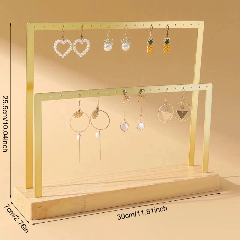 Rack de joias de metal elegante com base de madeira, brincos pendentes, colar, suporte de armazenamento, adereços de vitrine