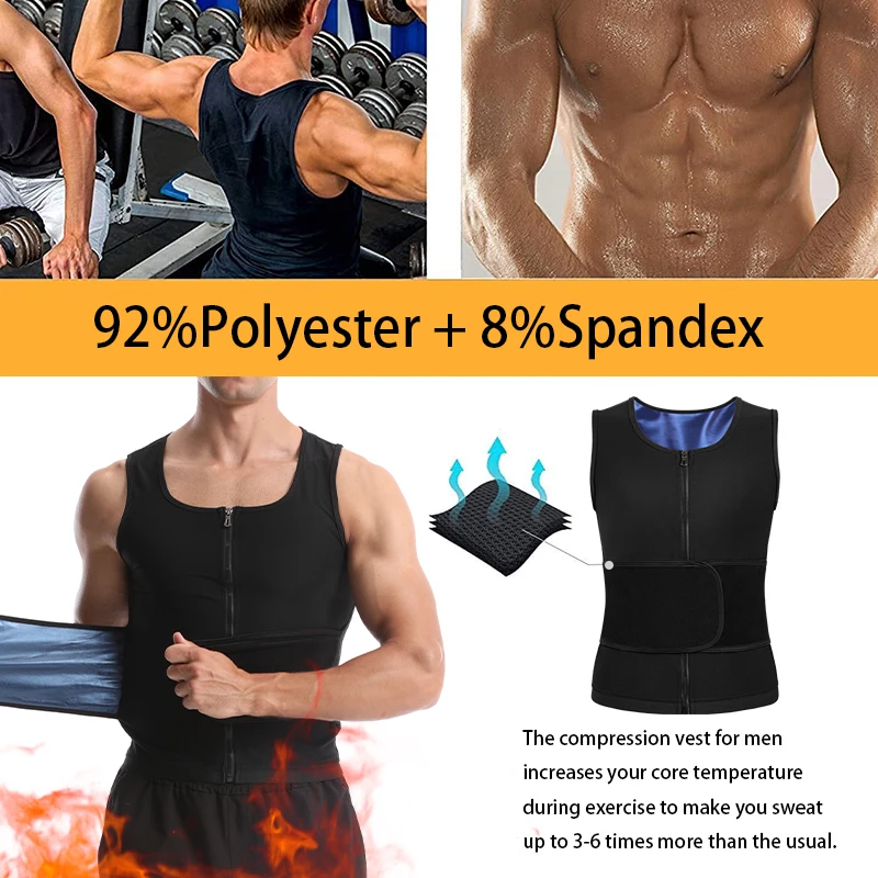 Men Body Shaper Sauna Sweat Vest Workout Tank Top Abdomen Reducer Waist Trainer Belly Slimming Shapewear with Zipper Weight Loss
