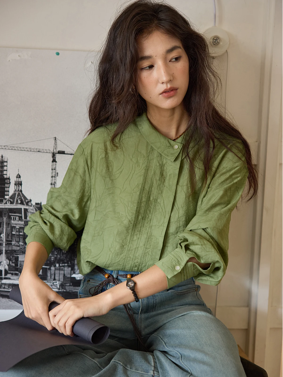 

Солнечный асимметричный льняной топ с откидным воротником и вышивкой, женский длинный топ све, французский свободный крой, обычный тонкий