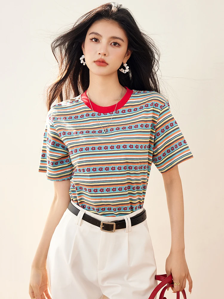 Frauen T-Shirt 2025, Sommer Neue Kontrast Farbe Gestreiften Kurzarm T-shirts Mode Oansatz Top Süße Casual Pullover