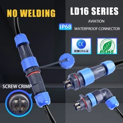 LD16 IP68 Waterproof Connector Socket  Plug Back Nut Docking Flange 2 pin 3 pin 4 pin Screw Crimping Without Welding Connector