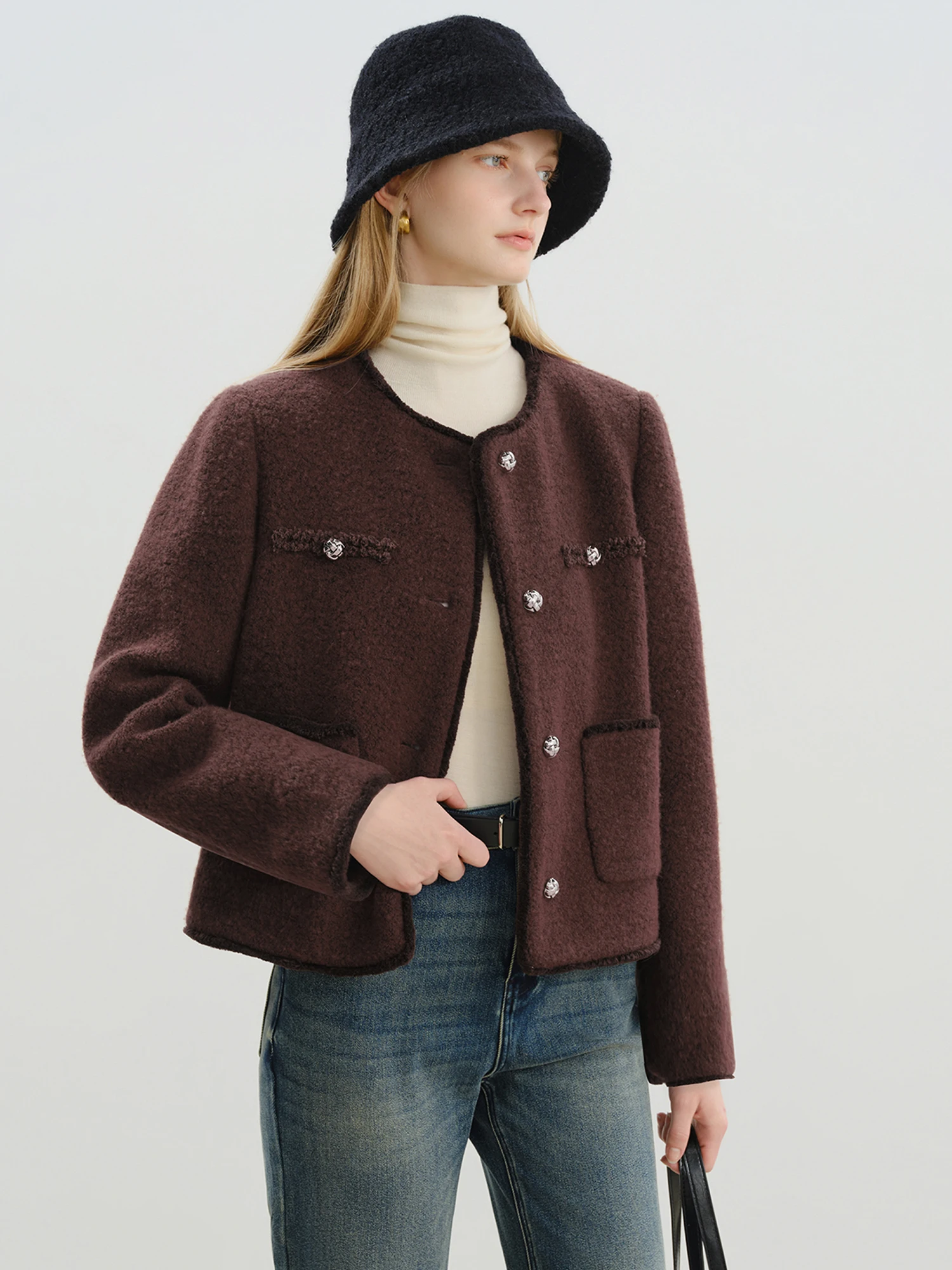 ZIQIAO 2025 Winter Women's Retro Tweed Short Coat - Textured Single Breasted Jacket Casual Elegant Outerwear