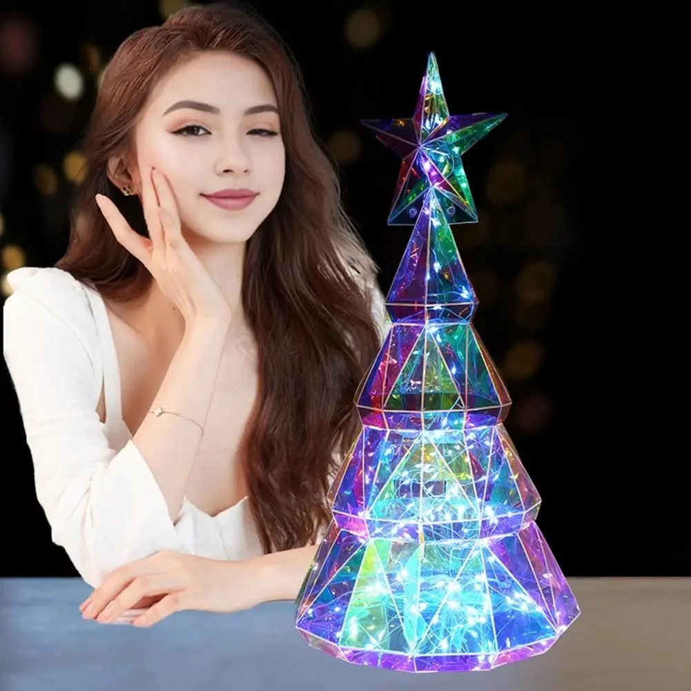 Christmas Light Ornament USB Powered Colorful Xmas Tree Figurine with Star Handmade Tabletop Centerpiece for Christmas