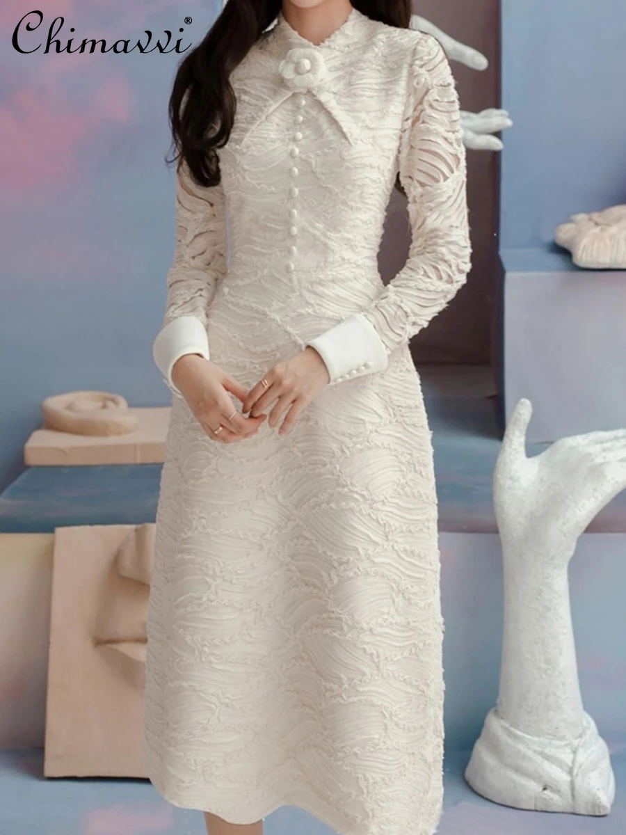 

Dresses 2024 Spring New Heavy Industry Fashion Embroidered Lace White Long Style Dress Slim Fit Elegant Commute Women's Dress