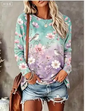 Women Long Sleeve T‑Shirt Gradient Background Watercolor Floral Bird Print Crew Neck Loose Casual Daily Tops - view 5