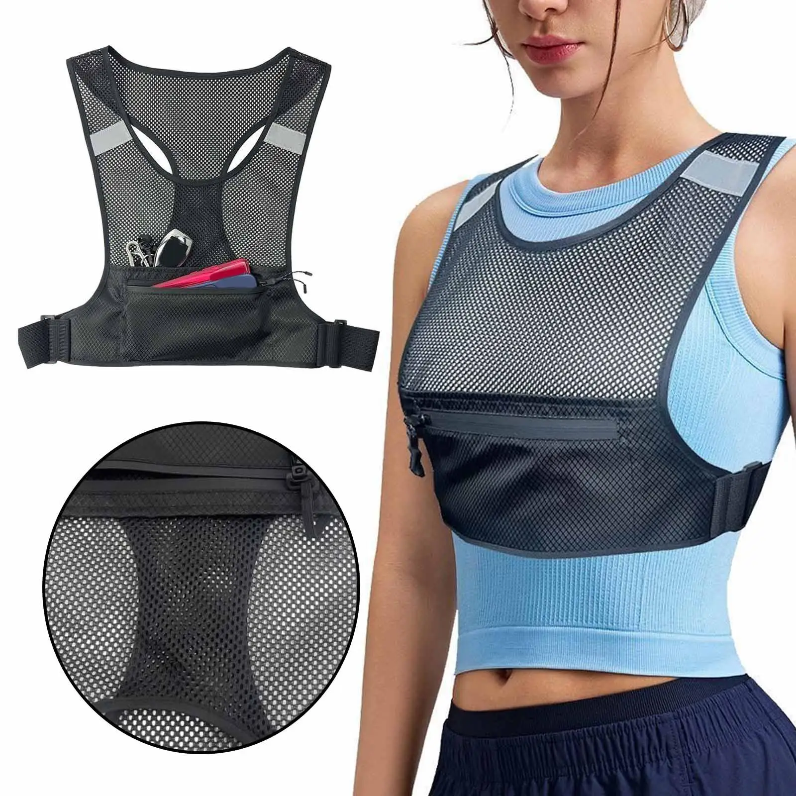 

Running Vest Phone Key Holder Reflective Strip Training Pack for Hiking Workout Exercise