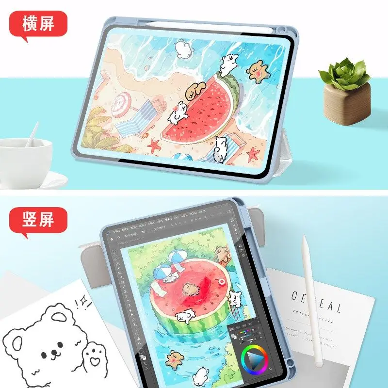 حافظة دوارة على شكل كلب البطيخ لجهاز iPad 2025/Pro 11/10/9/Air 7/6، غطاء خلفي صلب من الأكريليك مع فتحة قلم رصاص وحامل ثلاثي الطي #5