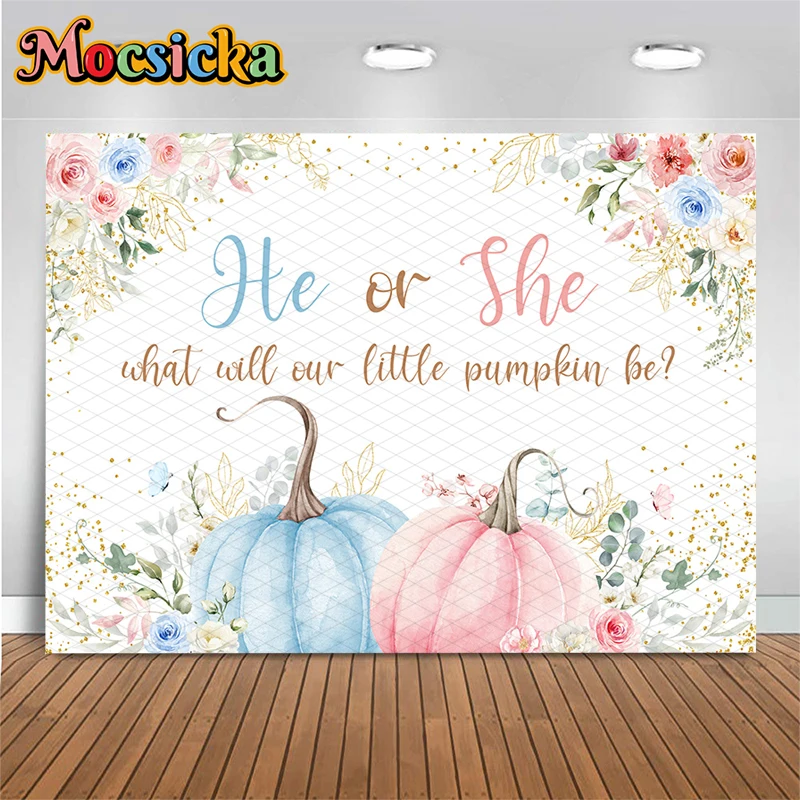 Mocsicka He Or She Gender Reveal Backdrop What Will Our Little Pumpkin Blue Pink Party Photography Background Photo Booth Props