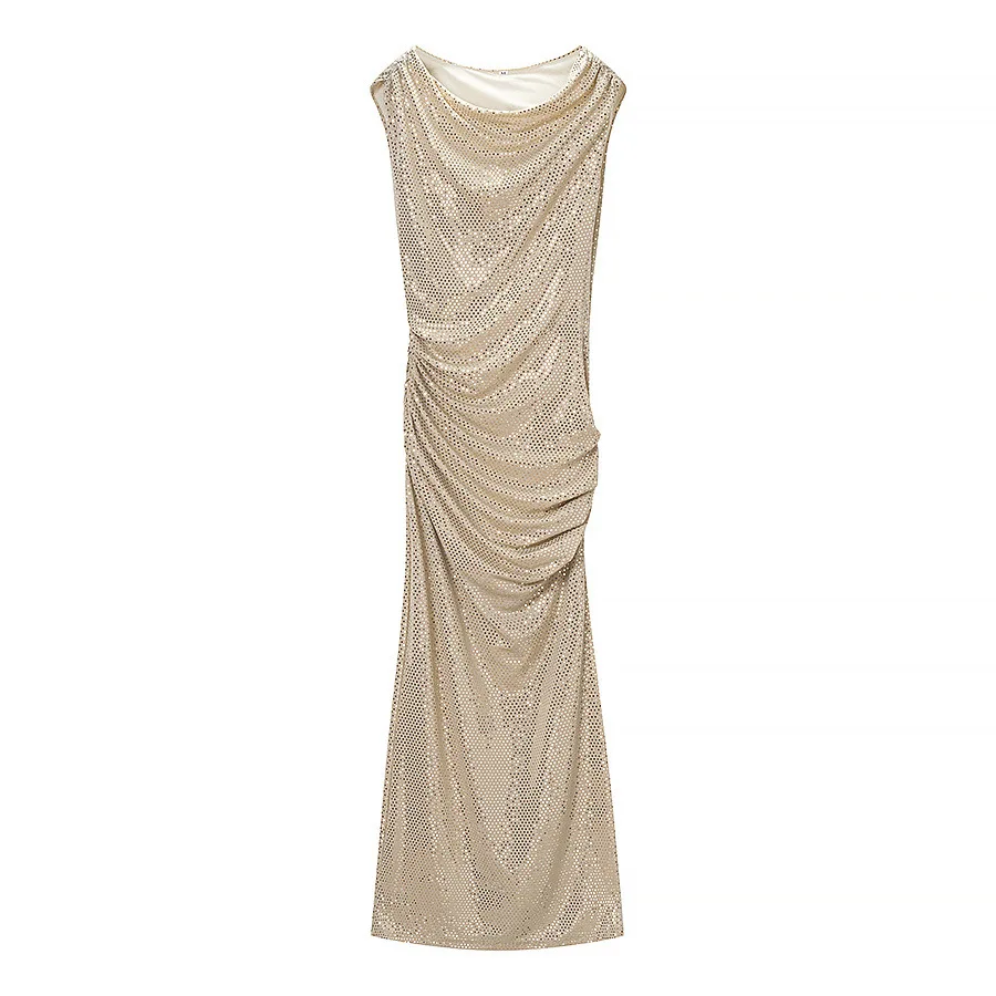 Mingmingxi Shiny Sequin Bodycon Maxi Dress One Shoulder Asymmetric Dress Luxury Draped Waist Formal Event Night Out Dress