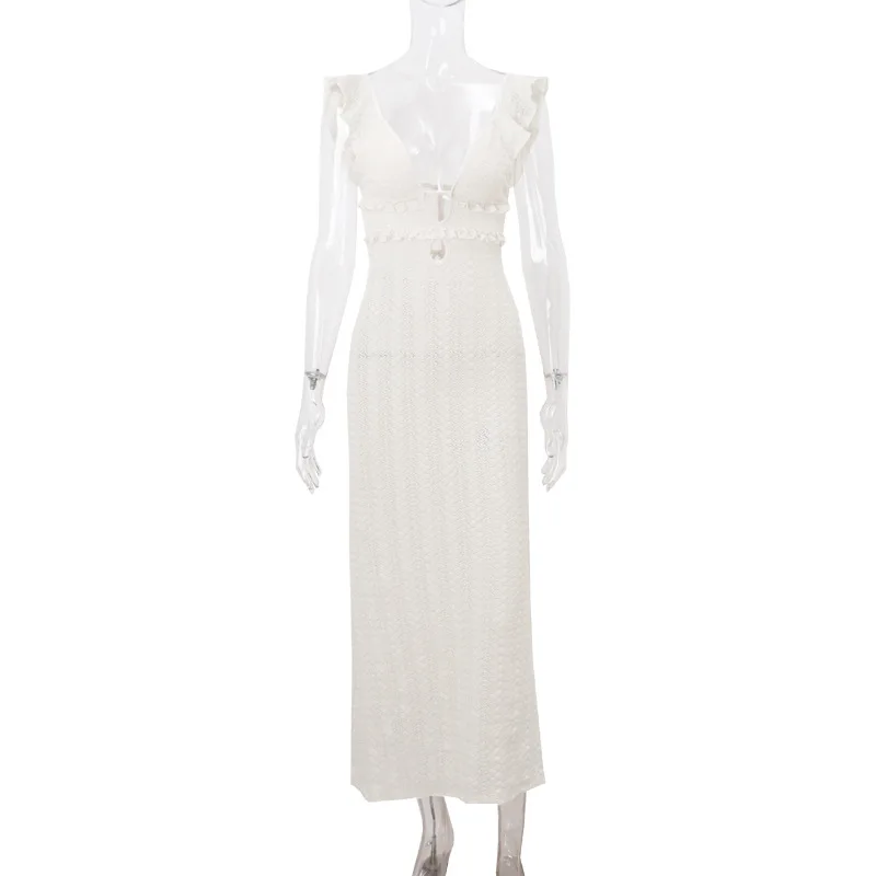 XIAOTANG Elegant Tie Detail Sexy Cut Out Backless Dress Party Club Outfits Summer See Through Sleeveless Dresse Robe New