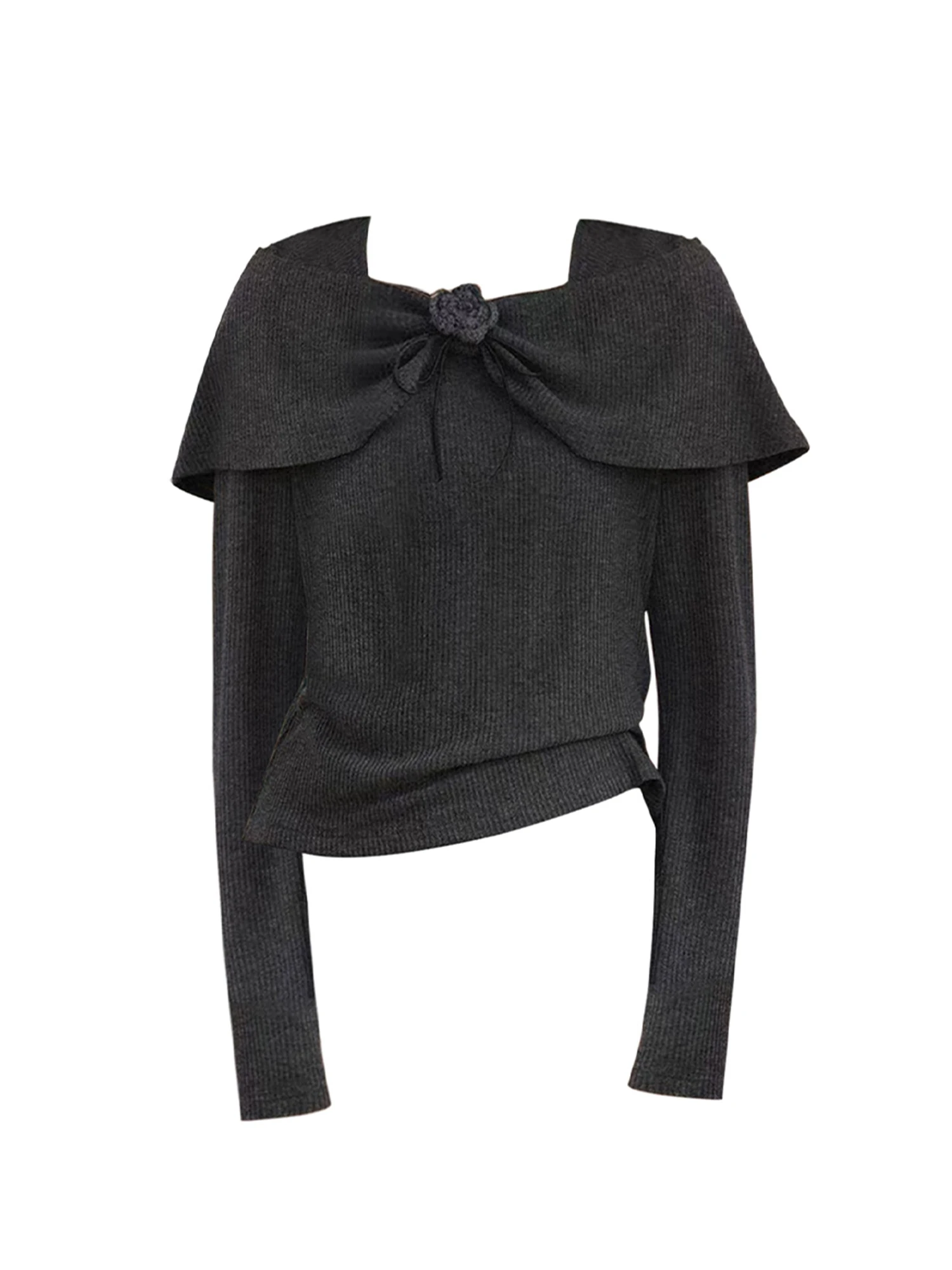 

Women Dark Grey Knit T-shirt Y2k Gyaru Tee Top Vintage Aesthetic Long Sleeve Square Collar Oversize T-shirts 2000s Clothes Autum