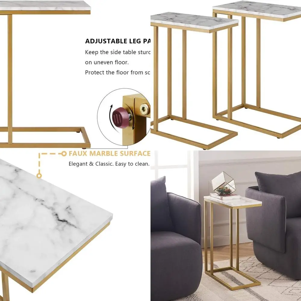 

Modern Marble-Look Metal Frame Side Table Set with Laptop and Snack Tray
