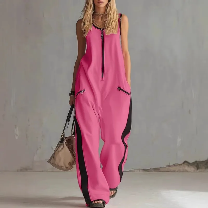 European and American Summer New Independent Station Foreign Trade Short-sleeved Zipper Round Neck Sleeveless Casual Jumpsuit