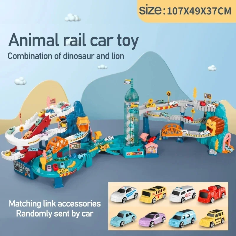 Electric Rail Car Dinosaur Building Parking Lot Adventure Racing Rail Car Toys Children Brain Mechanical Interactive Rail Cars