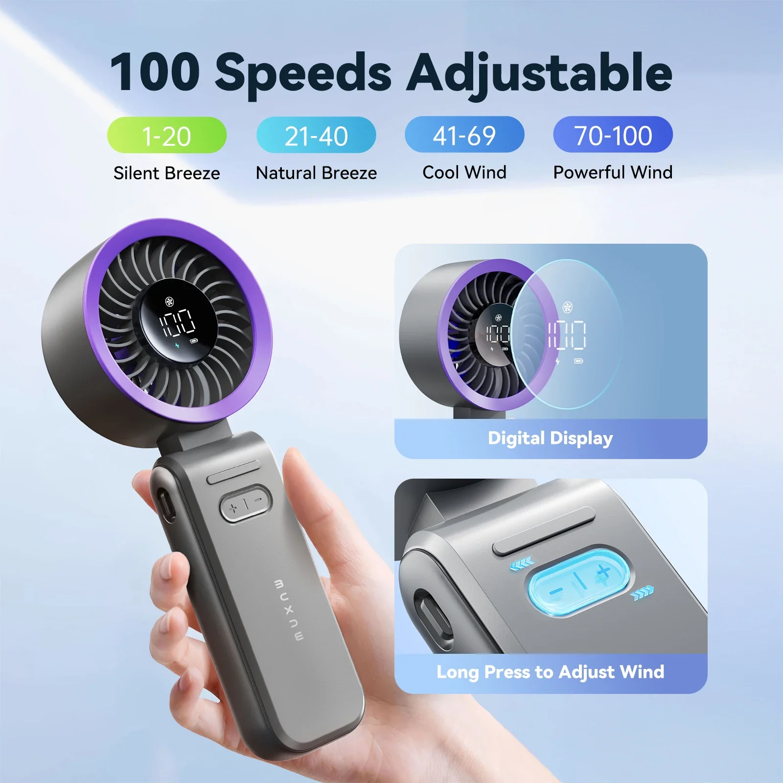 مروحة MUXNW 3 في 1 المحمولة المحمولة: مروحة شخصية صغيرة بقدرة 3600 مللي أمبير في الساعة قابلة لإعادة الشحن وقابلة للطي USB - تبريد صيفي للسفر على الشاطئ