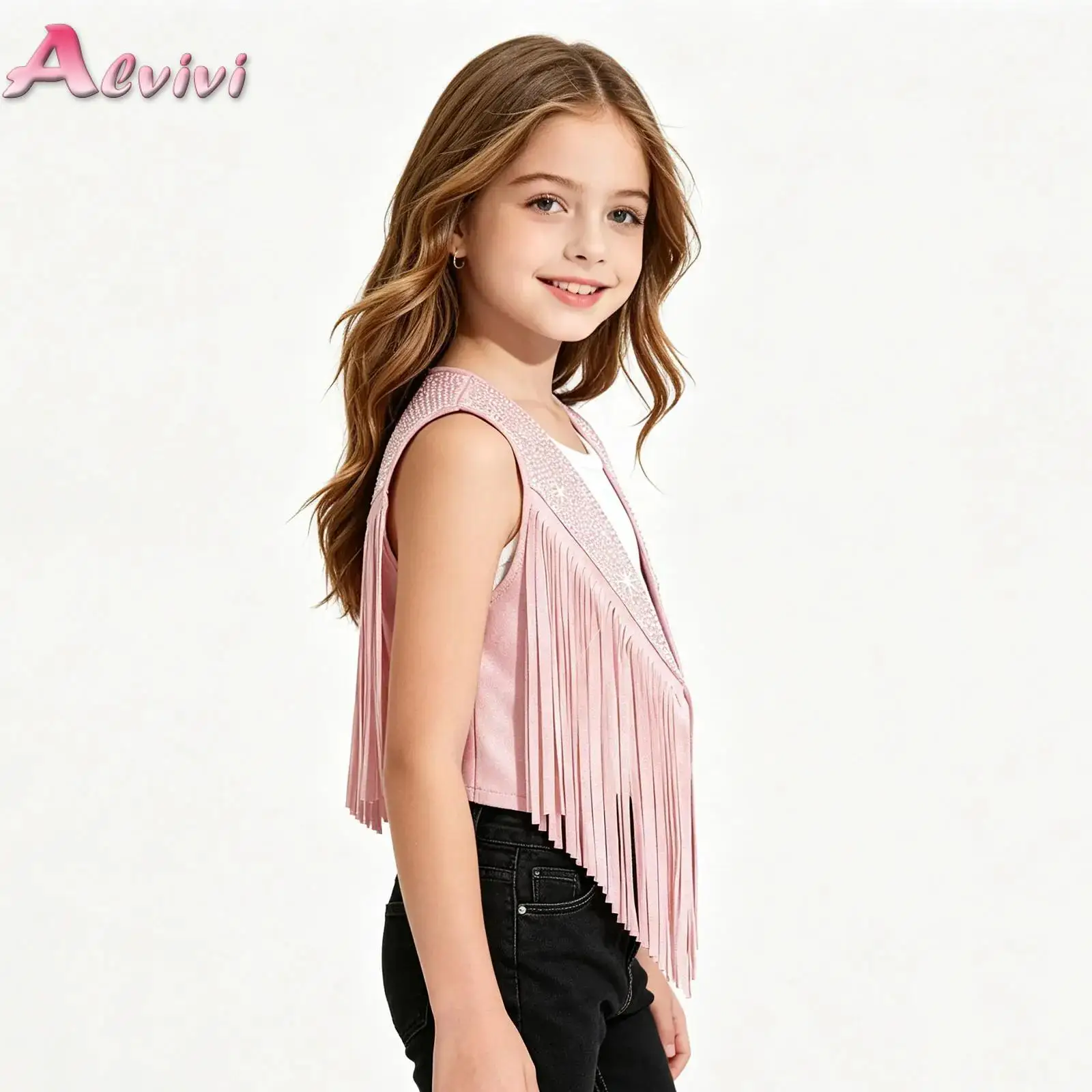

Kids Tassels Fringe Vest Cowgirl Cowboy Costume for Girls Western Theme Dress Up Halloween Carnival Cosplay Hippie Waistcoat